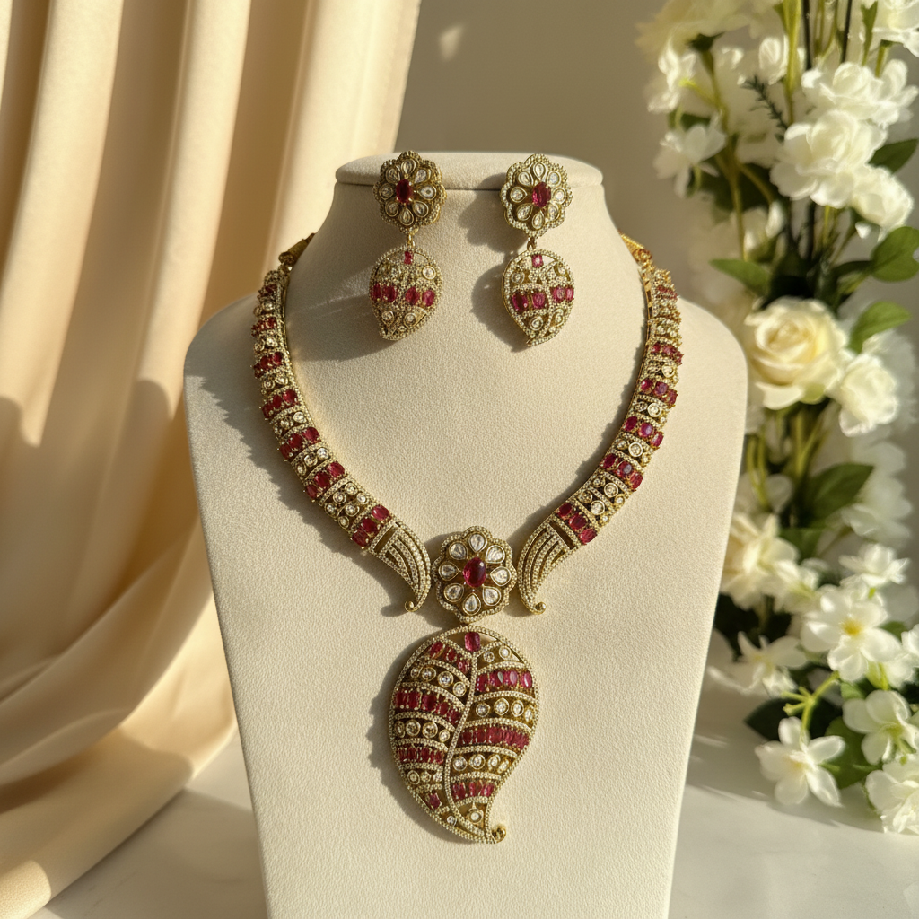 Naira Kundan Bridal Necklace Set (Rani-Pink)
