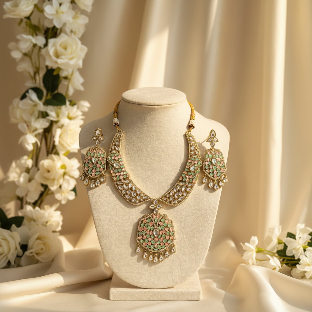 Parul Bridal Necklace Set (Pink-Mint green)