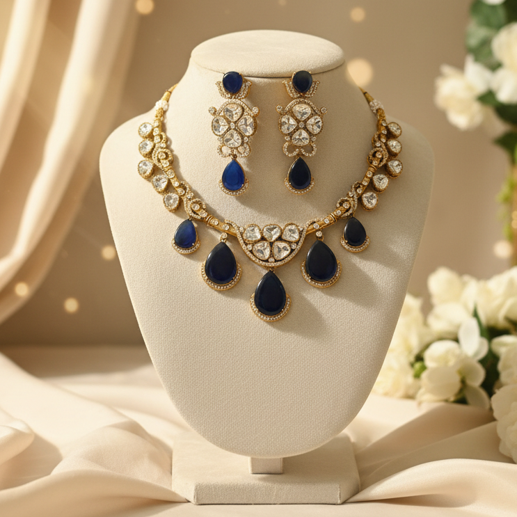 Meena Polki Necklace Set (Blue)