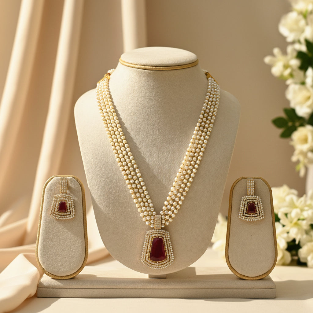 Moti Mala Necklace Set (Red)
