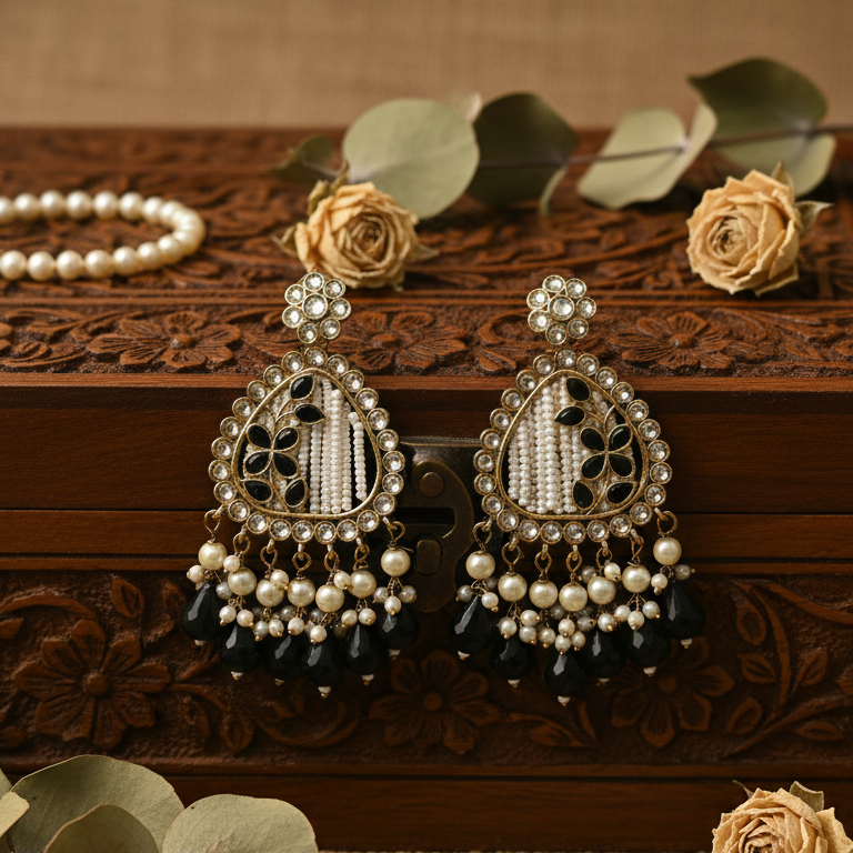 Noori Kundan Earrings (Black)
