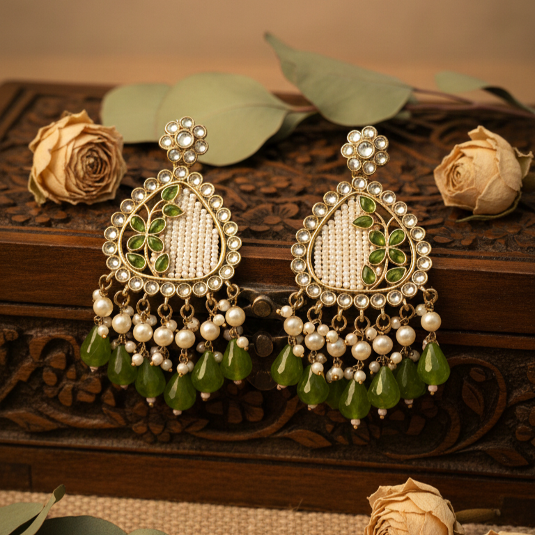 Noori Kundan Earrings (Mehandi Green)