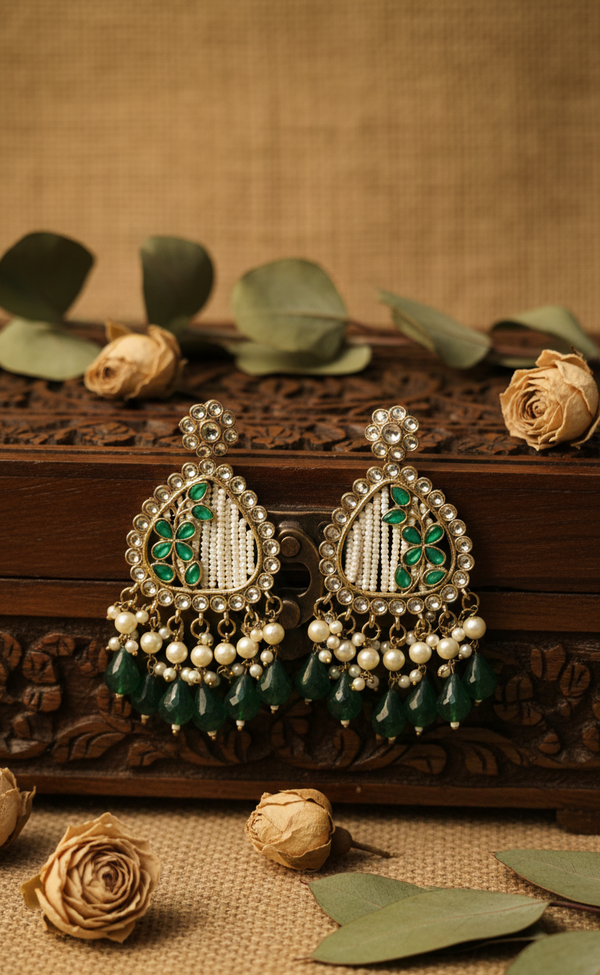 Noori Kundan Earrings (Green)