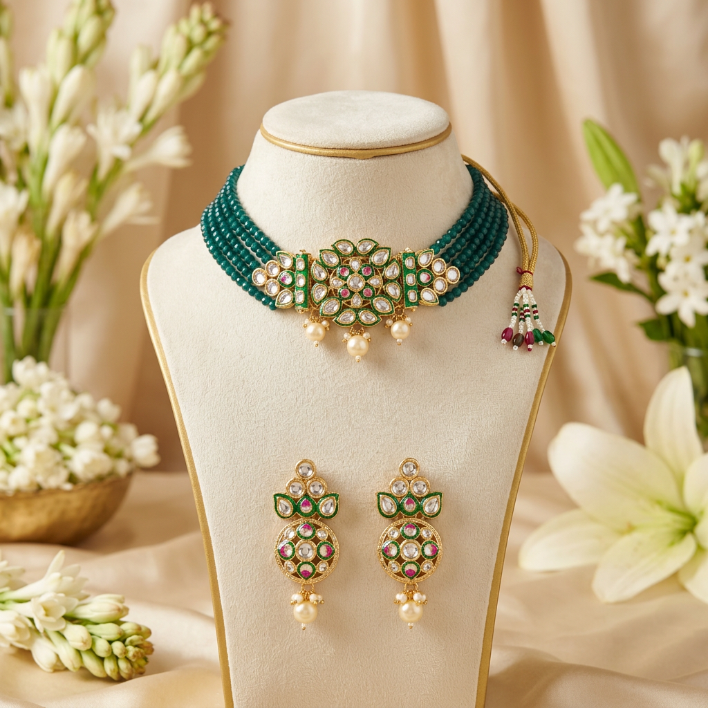 Sejal Kundan Choker Necklace Set (Green)