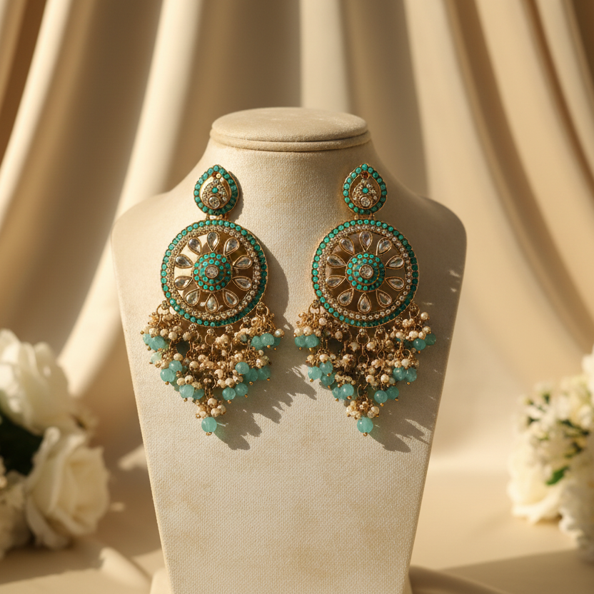 Aarohi Kundan Earrings (Light-Blue)