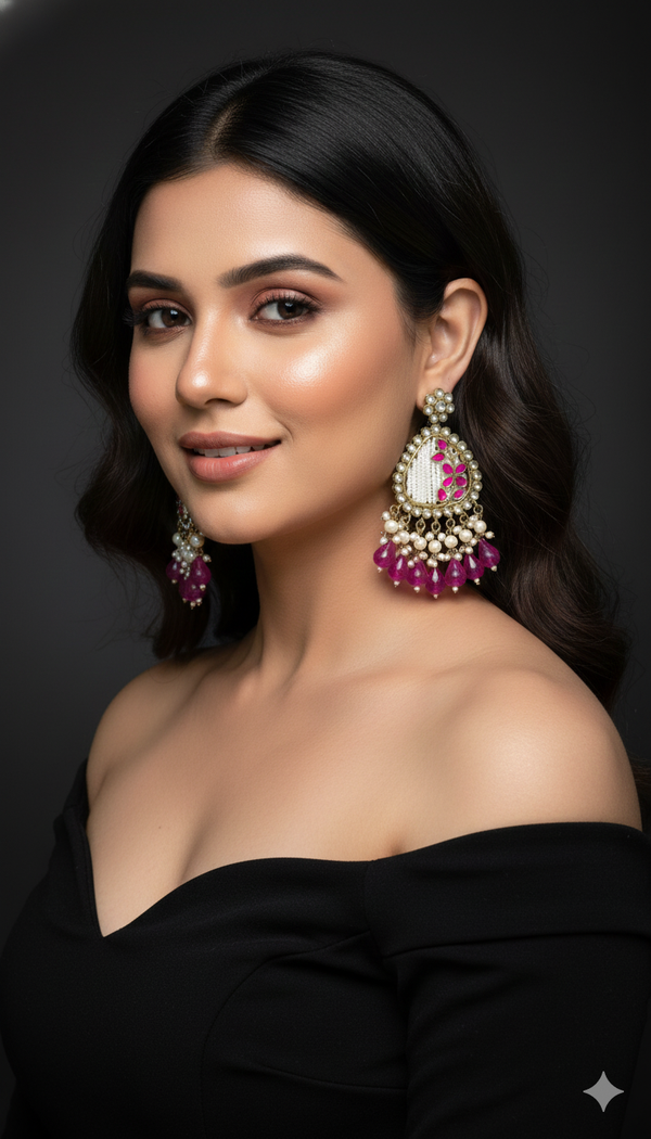 Noori Kundan Earrings (Rani Pink)
