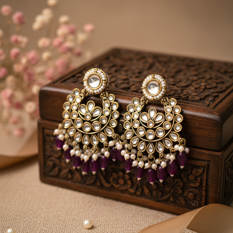 Diya Kundan Earrings (Purple)