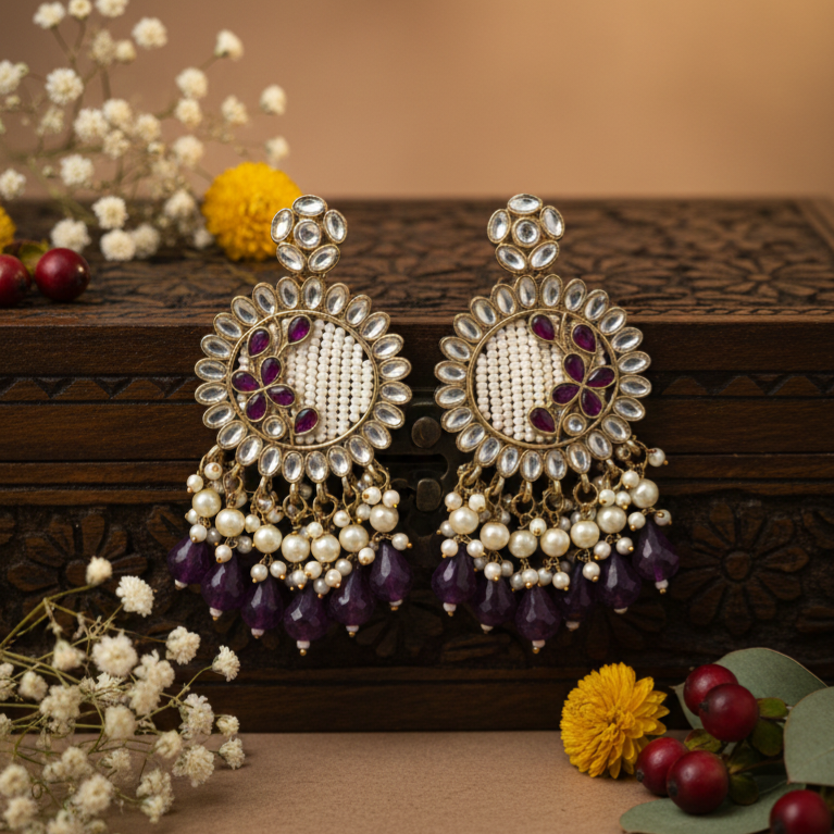 Kavya Kundan Earrings (Purple)