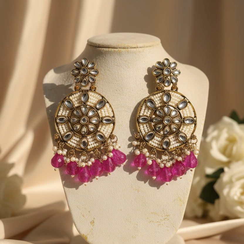 Siya Kundan Earrings (Rani -pink)
