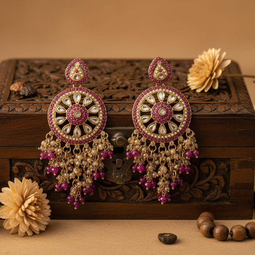 Aarohi Kundan Earrings (Rani-Pink)