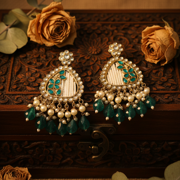 Noori Kundan Earrings (Peacock Green)