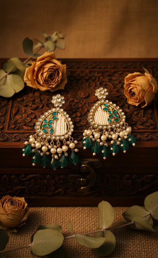 Noori Kundan Earrings (Green)