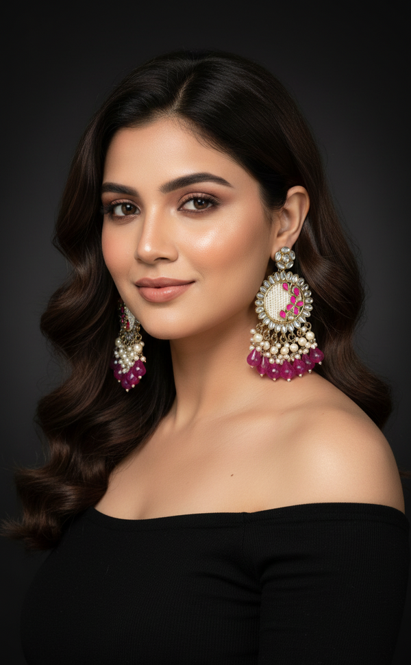 Kavya Kundan Earrings (Rani Pink)
