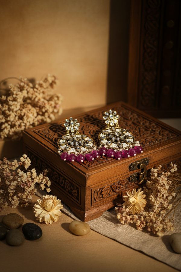 Siya Kundan Earrings (Rani -pink)