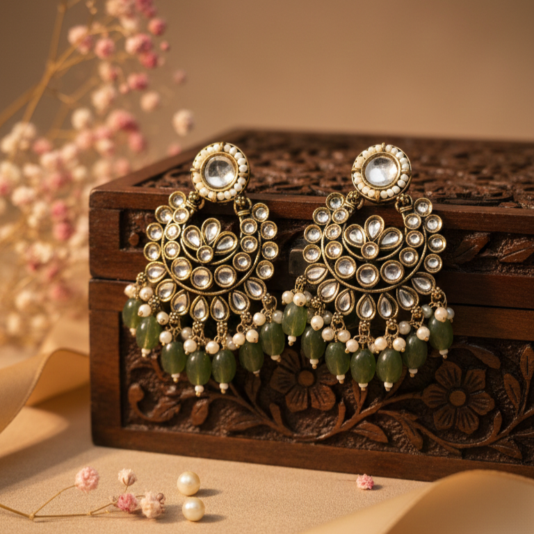 Diya Kundan Earrings (Green)