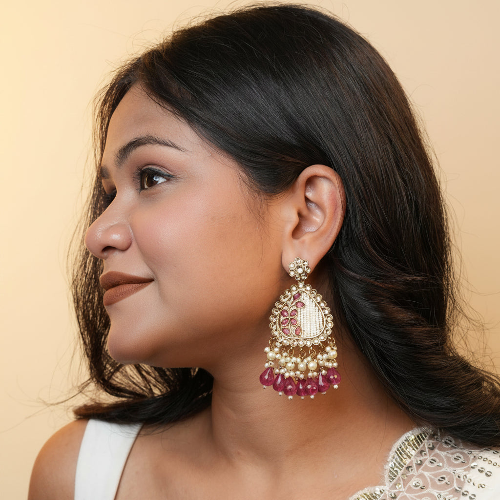 Noori Kundan Earrings (Pink)