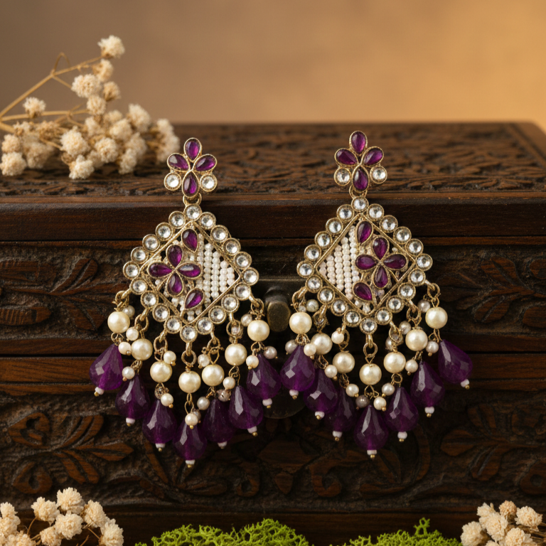 Ziya Kundan Earrings (Purple)