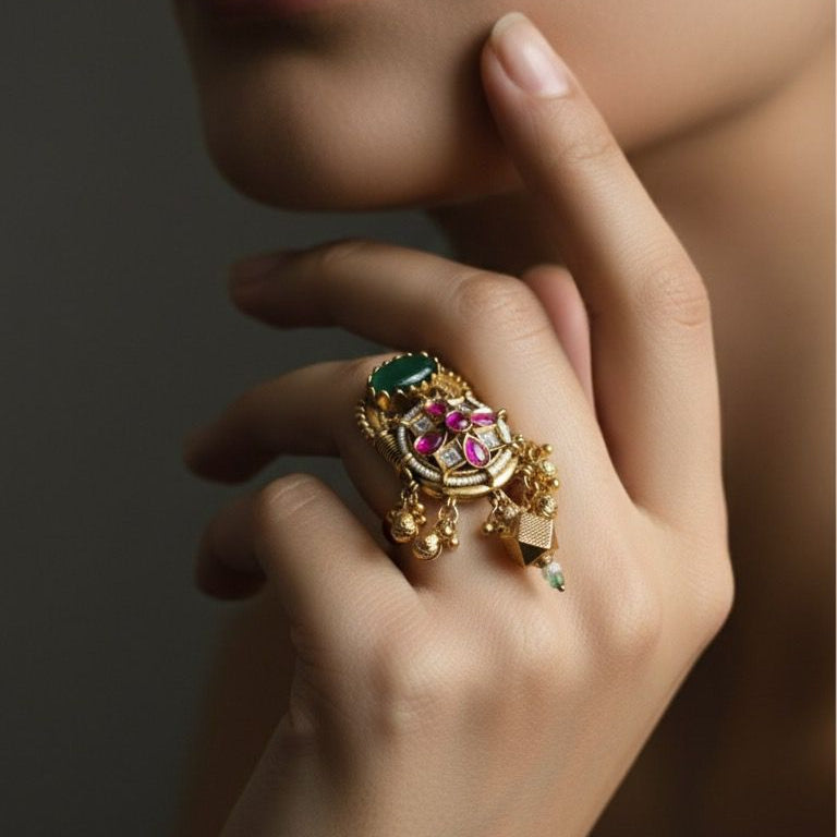 Heer Adjustable Ring (Green-Pink)