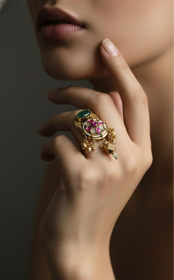 Heer Adjustable Ring (Green-Pink)