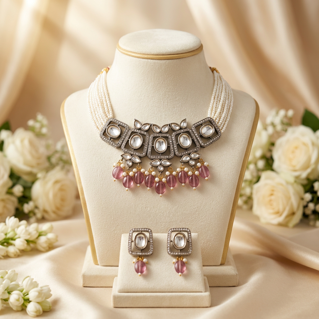 Ruhi Kundan Choker Necklace Set (Pink)
