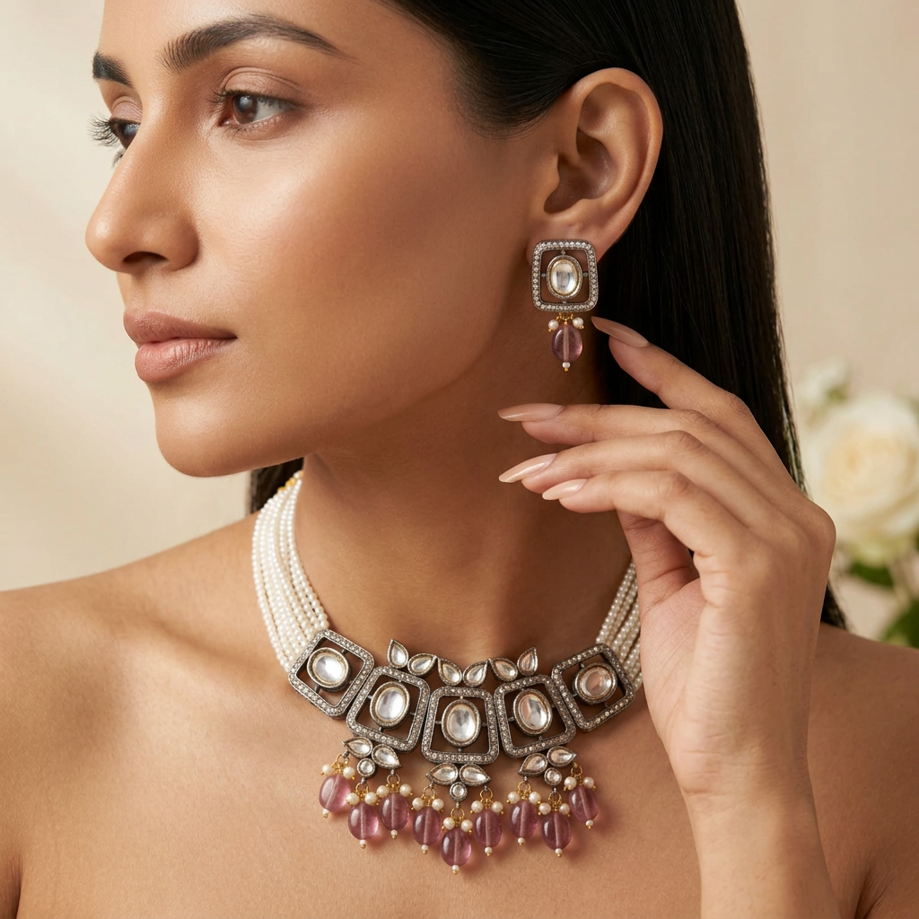 Ruhi Kundan Choker Necklace Set (Pink)