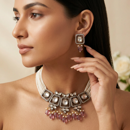 Ruhi Kundan Choker Necklace Set (Pink)