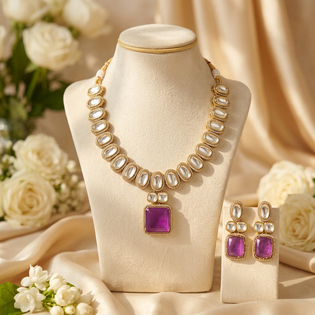 Rukmini Kundan Necklace Set (Purple)