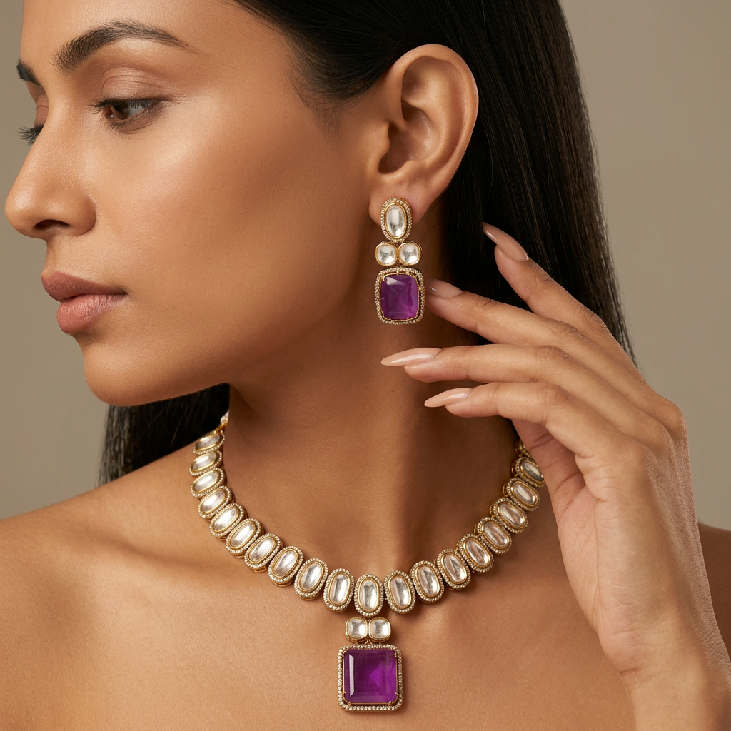 Rukmini Kundan Necklace Set (Purple)