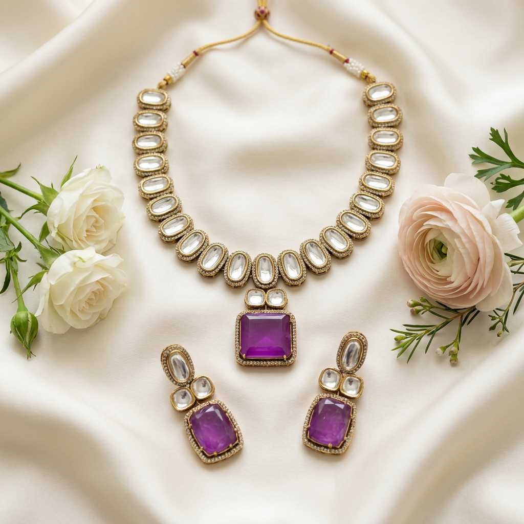 Rukmini Kundan Necklace Set (Purple)