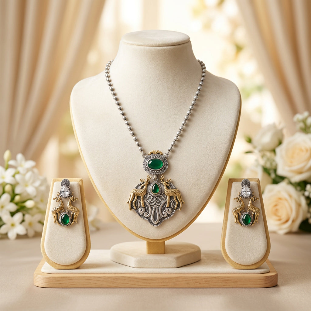 Mehr Oxidised Necklace Set (Green)