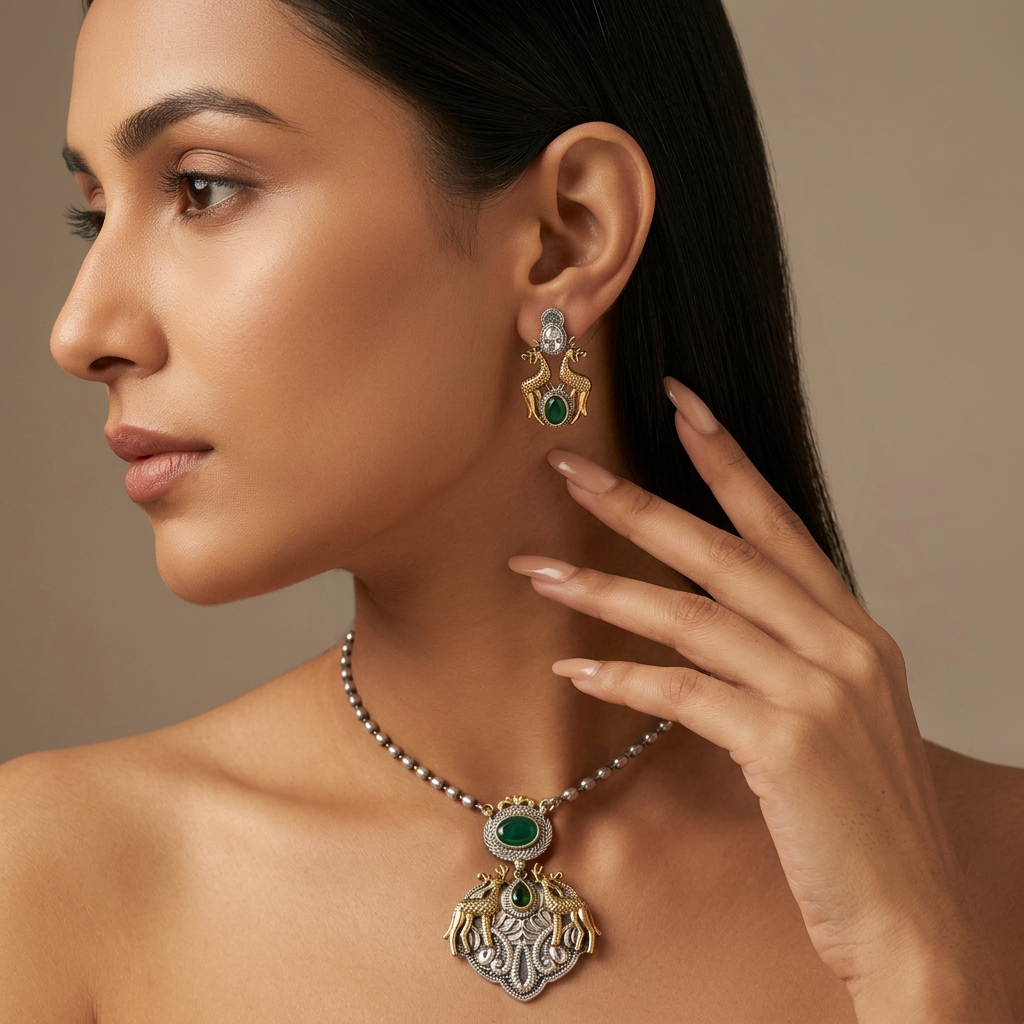 Mehr Oxidised Necklace Set (Green)