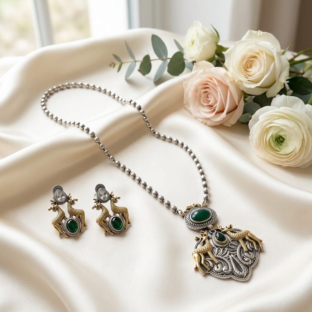 Mehr Oxidised Necklace Set (Green)