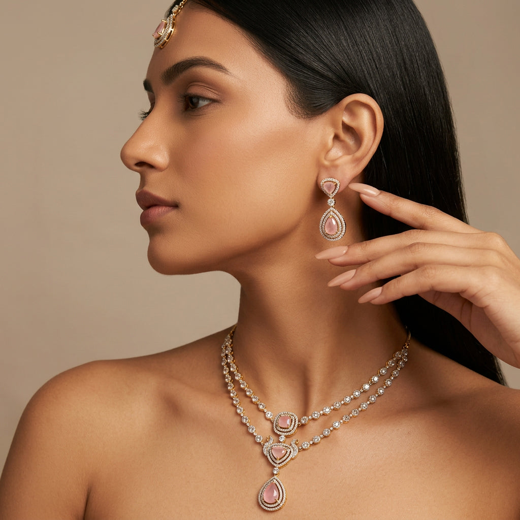 Tanisha AD Necklace Set (Light Pink)