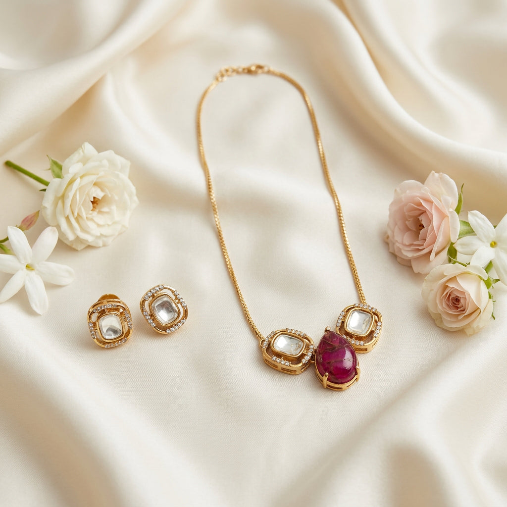 Prisha Kundan Chain Pendant Set (Pink)