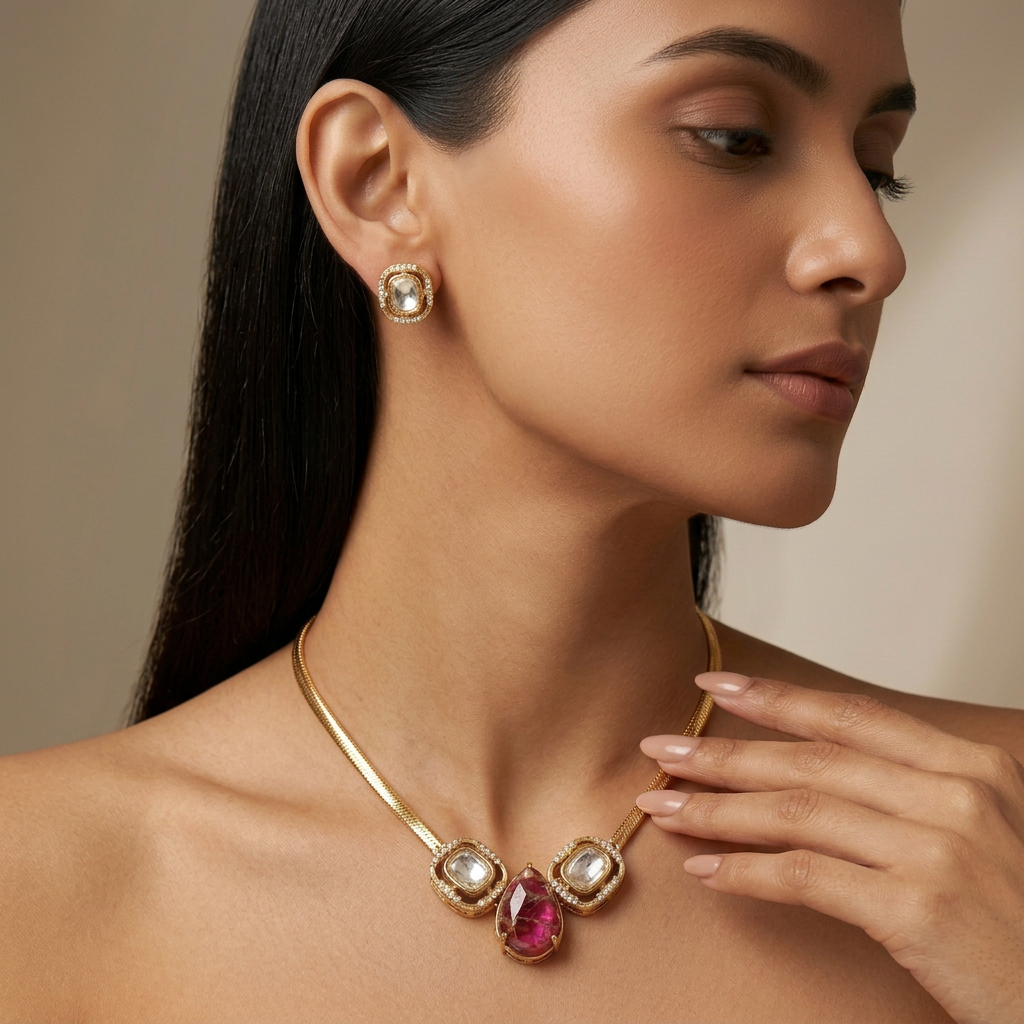 Prisha Kundan Chain Pendant Set (Pink)
