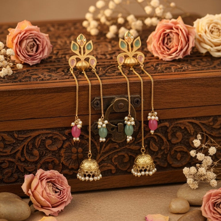 Gulnaz Kashmiri Earrings (Pink and Mint Green)