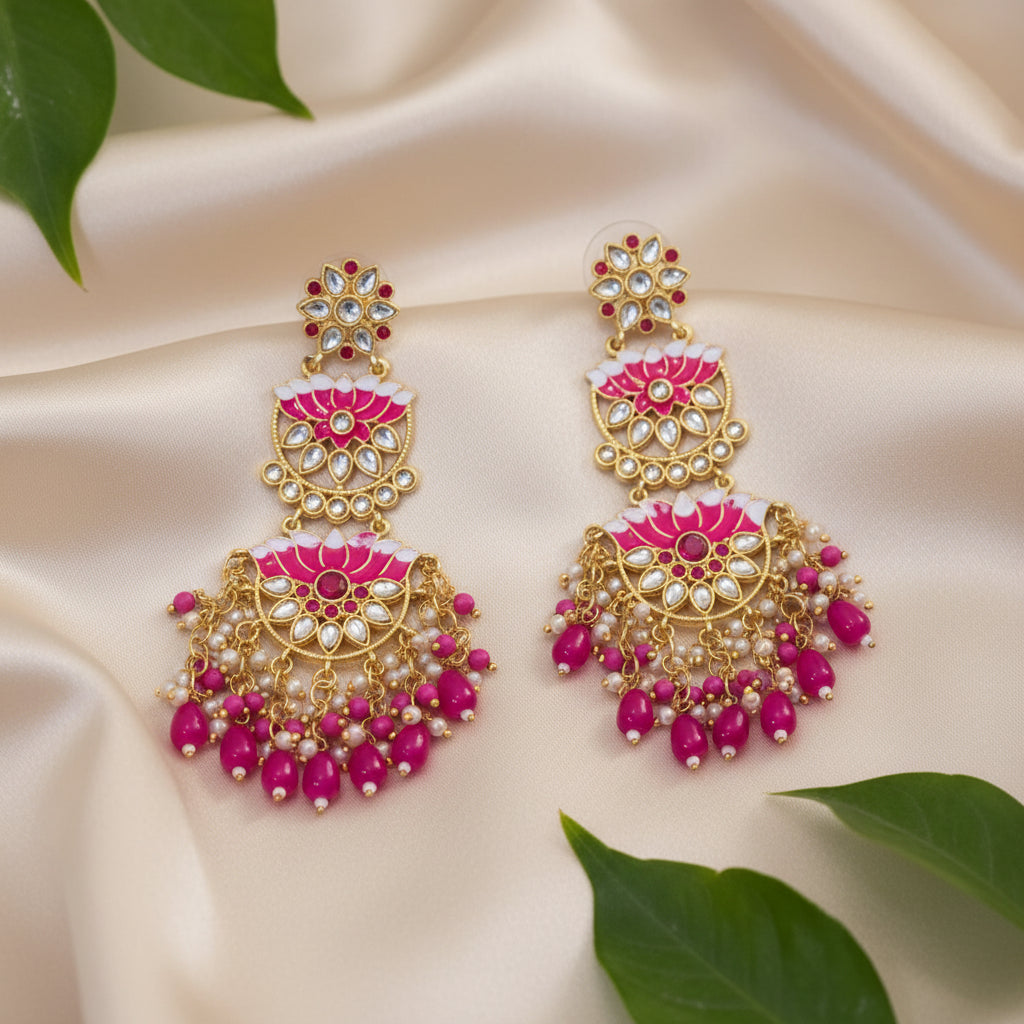 Lotus Kundan Earrings (Pink)
