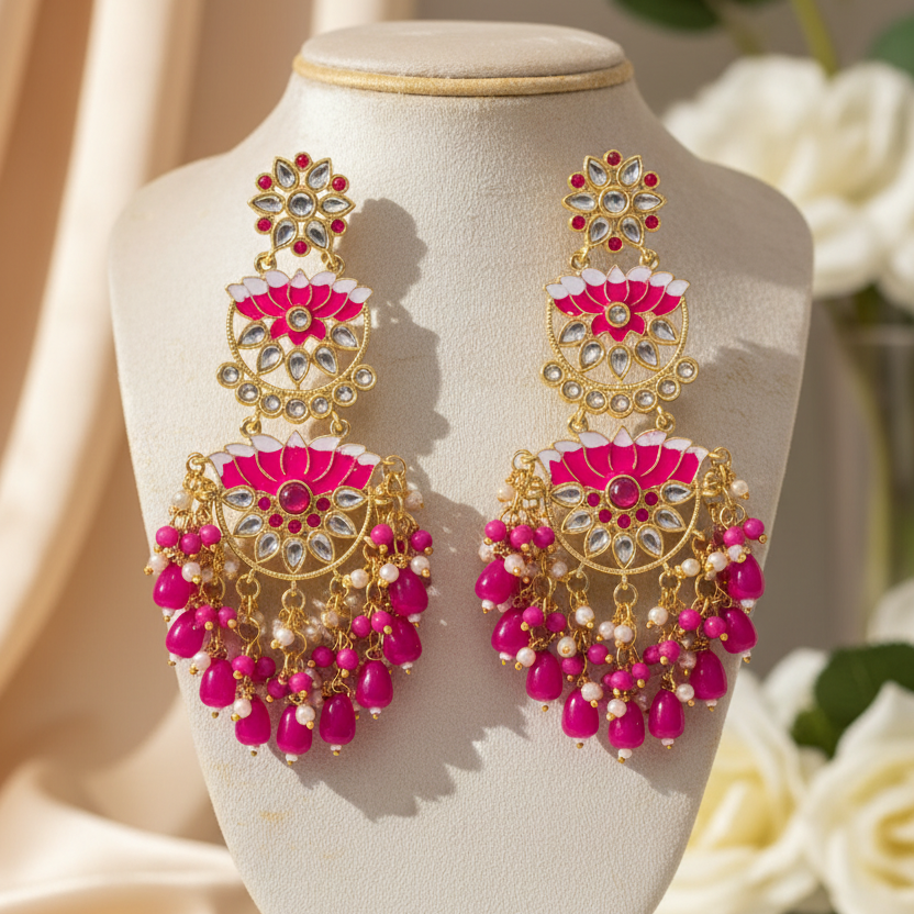 Lotus Kundan Earrings (Pink)