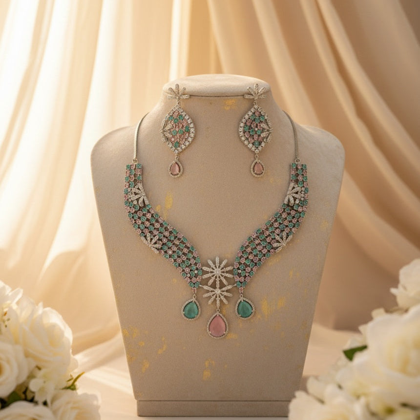 Emerald Bloom AD Necklace (Green-Pink)