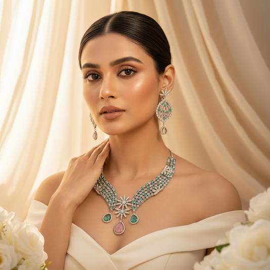 Emerald Bloom AD Necklace (Green-Pink)