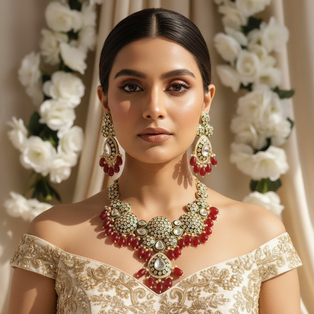 Ruhani Bridal Kundan Necklace (Wine and Green)
