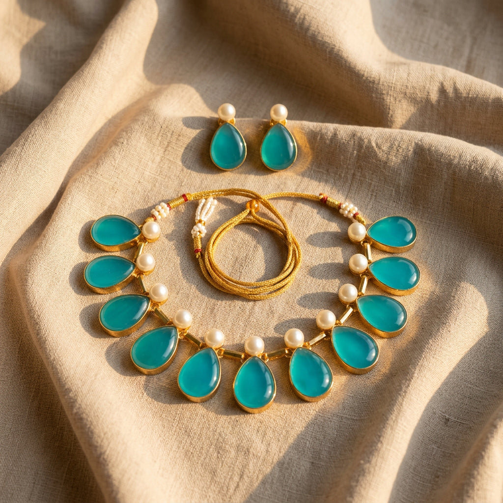 Veda Stone Pearl Necklace Set (Sea Blue)