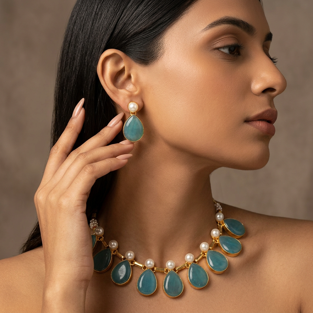 Veda Stone Pearl Necklace Set (Sea Blue)
