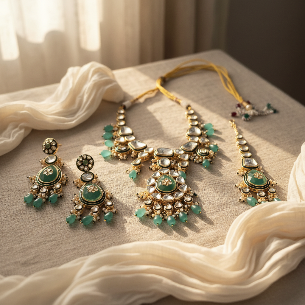 Heer Meenakari Polki set (Green)