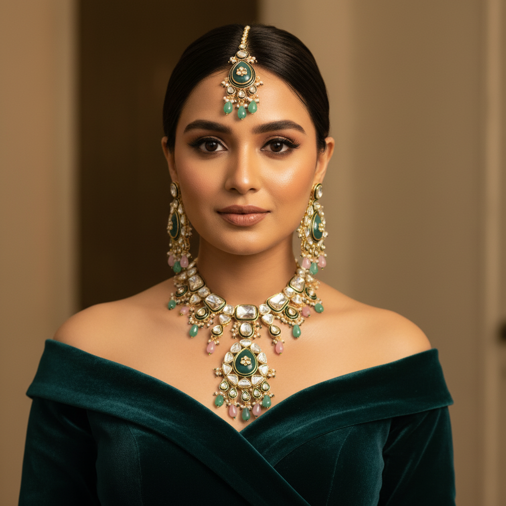 Heer Meenakari Polki set (Green-Pink)