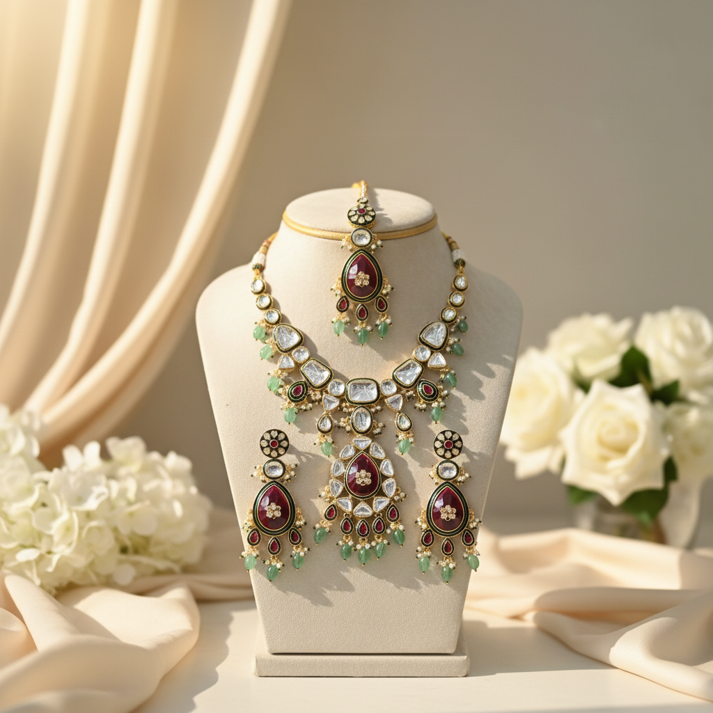 Heer Meenakari Polki set (Green-Pink)