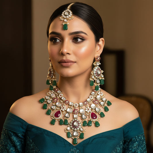 Shahi Meenakari Polki set (Pink-Green)