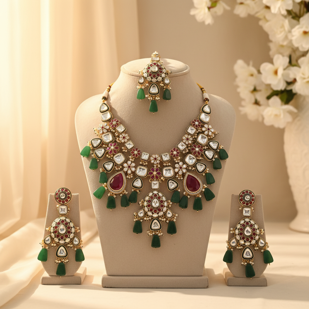 Shahi Meenakari Polki set (Pink-Green)