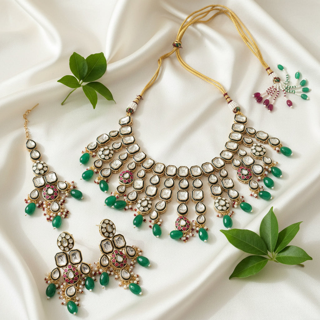 Meera Meenakari Polki set (Pink-Green)
