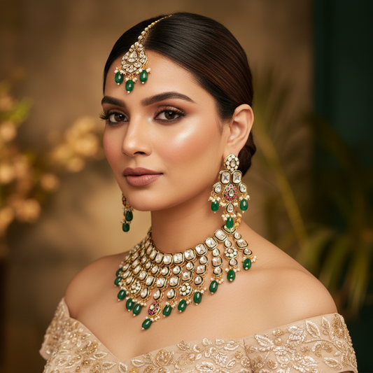 Meera Meenakari Polki set (Pink-Green)